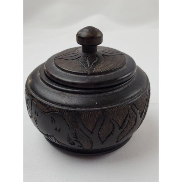 Vintage Africa Wooden Bowl Carved Round Elephants with Lid - Picture 3 of 8